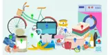Colourful graphic of items that are ready for disposing. Items include things like a bike, computer screen, plastic bag, tins, food scraps, paint cans, clothes, plastic containers and a washing machine.